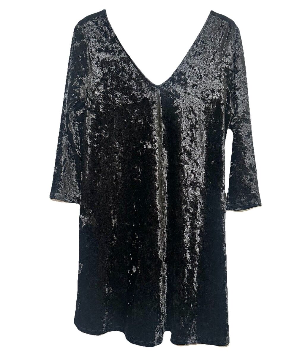 A Byer Black Crushed Velvet Mini Dress L V Neck 3/4 Sleeve 90s Whimsigoth
